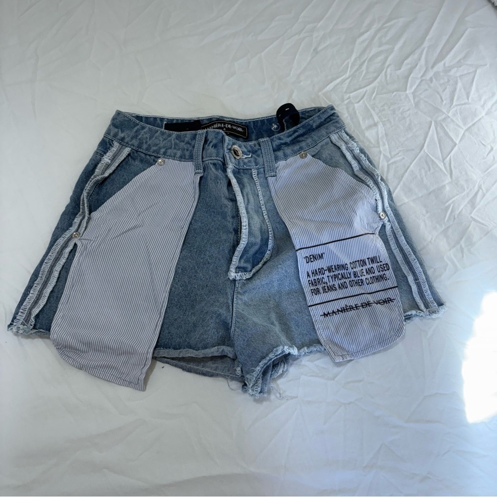 Maniere De Voir Blue and White Jean Shorts with Two-Tone Design